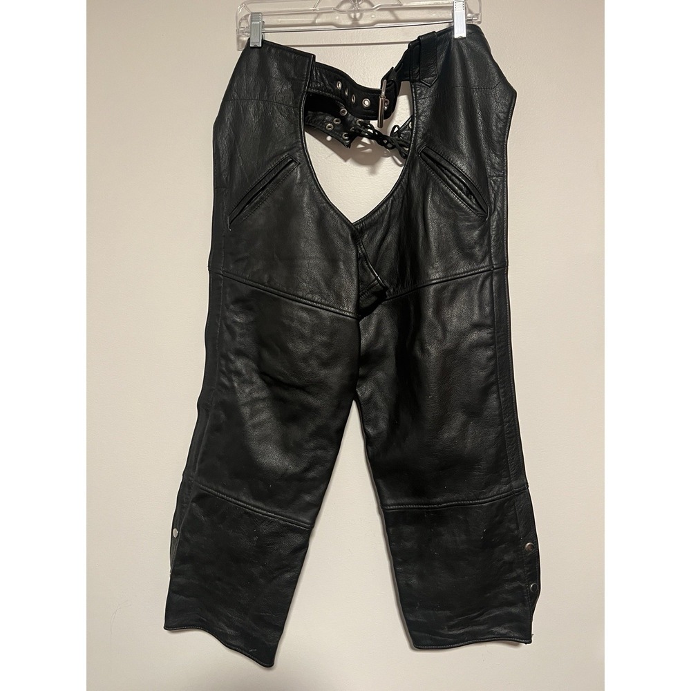 Vtg FMC Black Leather Motorcycle Biker Chaps Men's S 30-35" Waist 28.5" Inseam